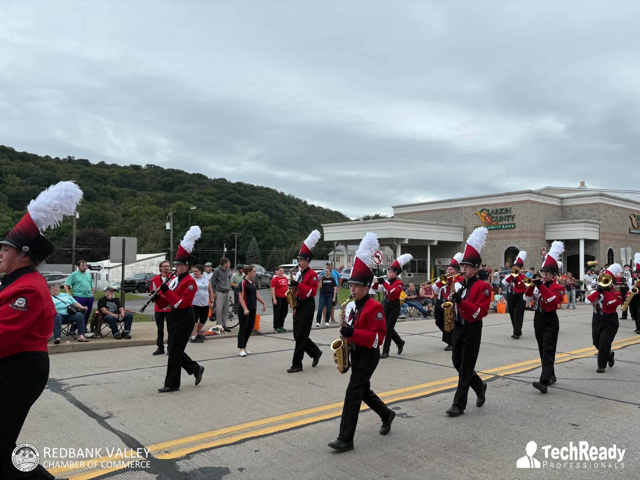 Marching band performing in the 2026 Peanut Butter Festival parade in New Bethlehem